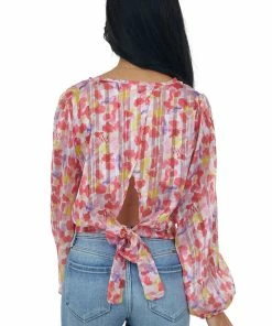 Peach Love Crimson Red Printed Open Back Sheer Top With Gold Thread Tops