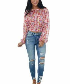 Peach Love Crimson Red Printed Open Back Sheer Top With Gold Thread Tops