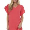 FSL APPAREL Watermelon V Neck Short Ruffle Sleeve Woven Dress Dresses