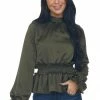 Peach Love Dark Army Green Mock Neck Smocked Peplum Top