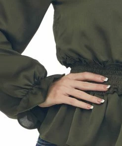 Peach Love Dark Army Green Mock Neck Smocked Peplum Top