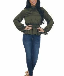 Peach Love Dark Army Green Mock Neck Smocked Peplum Top