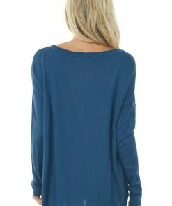 Davi & Dani Dark Blue Long Sleeve Top With Side Lace Panels
