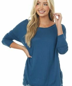 Davi & Dani Dark Blue Long Sleeve Top With Side Lace Panels