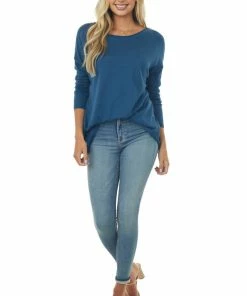Davi & Dani Dark Blue Long Sleeve Top With Side Lace Panels