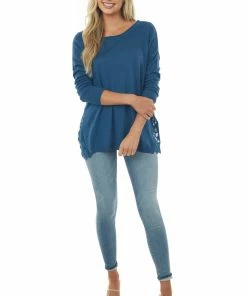 Davi & Dani Dark Blue Long Sleeve Top With Side Lace Panels