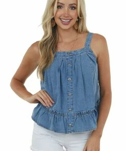 Entro Dark Chambray Tank Top With Button Front