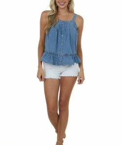 Entro Dark Chambray Tank Top With Button Front