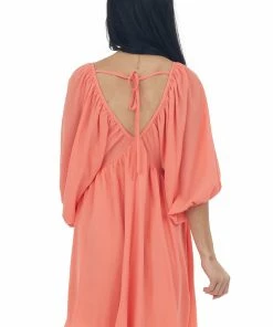 She + Sky Dark Coral Babydoll Balloon Sleeve Woven Dress 12 She + Sky Dark Coral Babydoll Balloon Sleeve Woven Dress