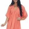 She + Sky Dark Coral Babydoll Balloon Sleeve Woven Dress