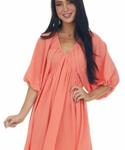 She + Sky Dark Coral Babydoll Balloon Sleeve Woven Dress