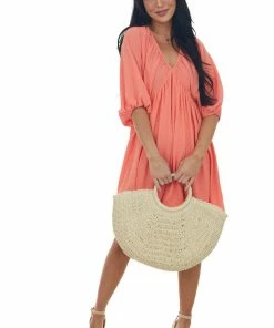 She + Sky Dark Coral Babydoll Balloon Sleeve Woven Dress 10 She + Sky Dark Coral Babydoll Balloon Sleeve Woven Dress