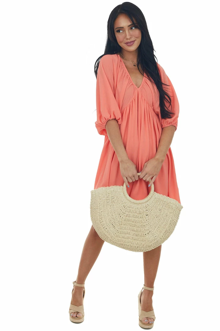 She + Sky Dark Coral Babydoll Balloon Sleeve Woven Dress 5 She + Sky Dark Coral Babydoll Balloon Sleeve Woven Dress