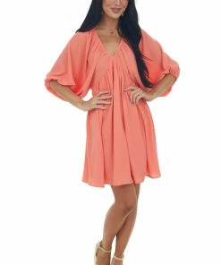 She + Sky Dark Coral Babydoll Balloon Sleeve Woven Dress 9 She + Sky Dark Coral Babydoll Balloon Sleeve Woven Dress