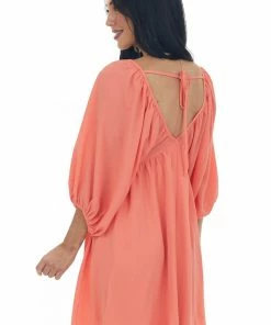 She + Sky Dark Coral Babydoll Balloon Sleeve Woven Dress 11 She + Sky Dark Coral Babydoll Balloon Sleeve Woven Dress