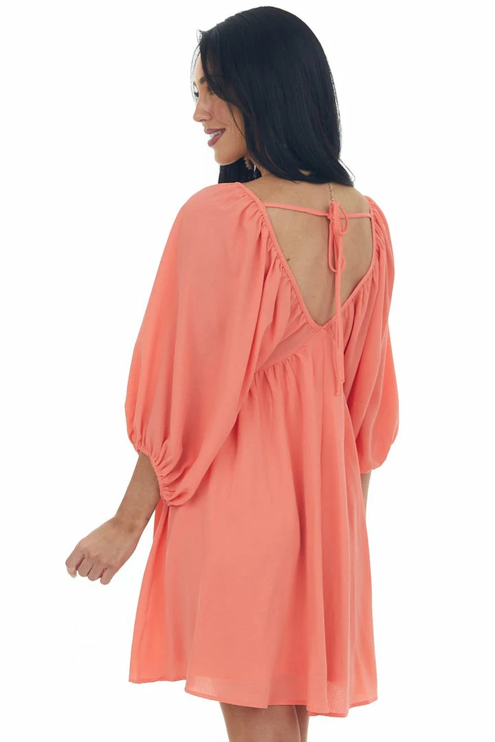 She + Sky Dark Coral Babydoll Balloon Sleeve Woven Dress 6 She + Sky Dark Coral Babydoll Balloon Sleeve Woven Dress