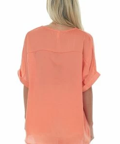 Glam Dark Coral Rolled Cuff Wide Fit Silky Blouse Tops
