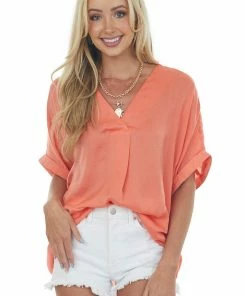 Glam Dark Coral Rolled Cuff Wide Fit Silky Blouse Tops