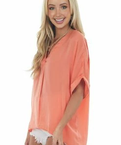 Glam Dark Coral Rolled Cuff Wide Fit Silky Blouse Tops