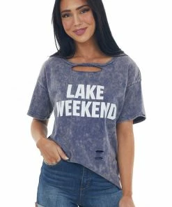 BiBi Tops Dark Dusty Blue Washed 'Lake Weekend' Knit Top
