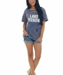 BiBi Tops Dark Dusty Blue Washed 'Lake Weekend' Knit Top