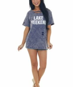 BiBi Tops Dark Dusty Blue Washed 'Lake Weekend' Knit Top