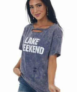 BiBi Tops Dark Dusty Blue Washed 'Lake Weekend' Knit Top