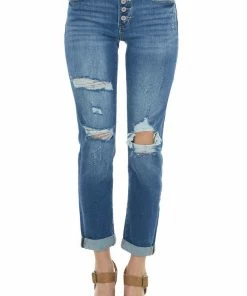 KanCan Bottoms Dark High Rise Distressed Girlfriend Jeans