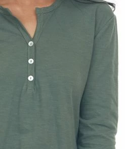 Charlotte Avery Dark Juniper Long Sleeve Notch Neck Henley Top