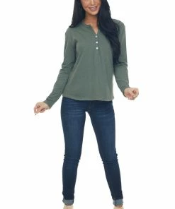 Charlotte Avery Dark Juniper Long Sleeve Notch Neck Henley Top