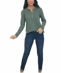 Charlotte Avery Dark Juniper Long Sleeve Notch Neck Henley Top