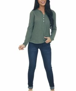 Charlotte Avery Dark Juniper Long Sleeve Notch Neck Henley Top
