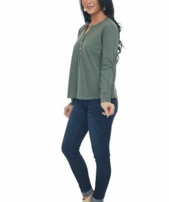 Charlotte Avery Dark Juniper Long Sleeve Notch Neck Henley Top