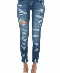 KanCan Dark Mid Rise Distressed Ankle Skinny Jeans Bottoms