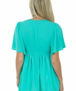 She + Sky Dark Mint Flutter Sleeve Babydoll Tunic Blouse Tops 12 She + Sky Dark Mint Flutter Sleeve Babydoll Tunic Blouse Tops