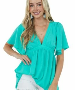 She + Sky Dark Mint Flutter Sleeve Babydoll Tunic Blouse Tops