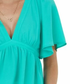 She + Sky Dark Mint Flutter Sleeve Babydoll Tunic Blouse Tops 13 She + Sky Dark Mint Flutter Sleeve Babydoll Tunic Blouse Tops