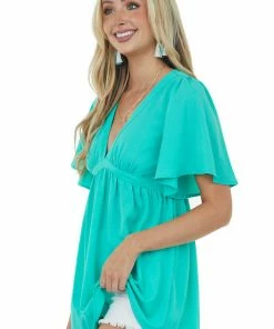 She + Sky Dark Mint Flutter Sleeve Babydoll Tunic Blouse Tops 11 She + Sky Dark Mint Flutter Sleeve Babydoll Tunic Blouse Tops
