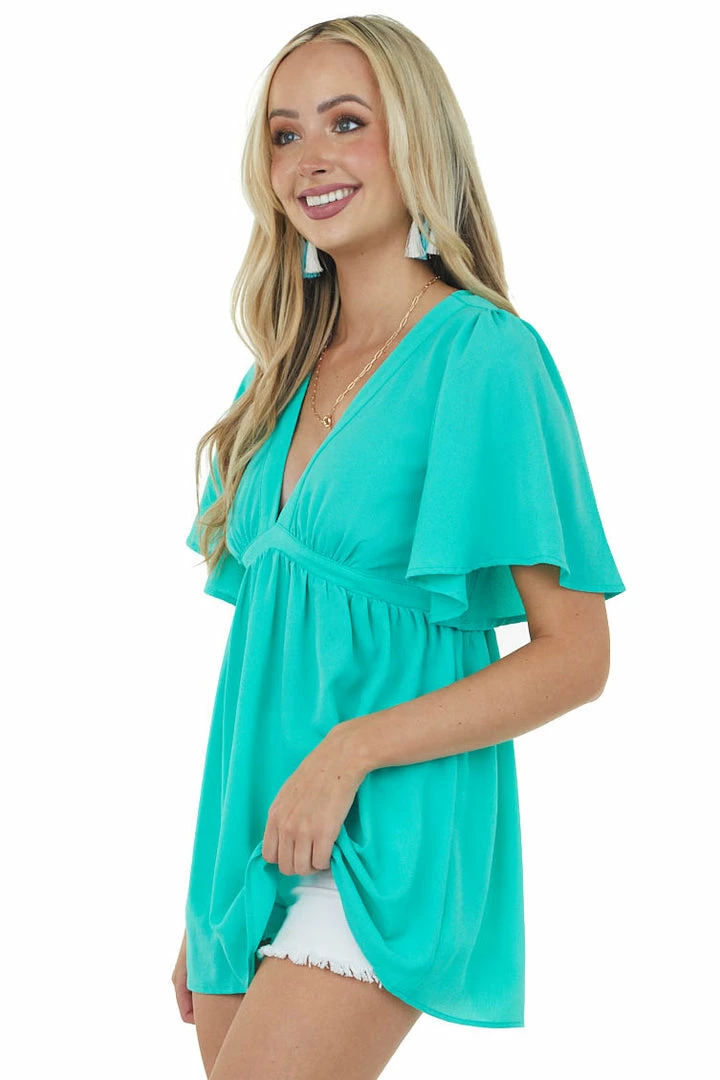 She + Sky Dark Mint Flutter Sleeve Babydoll Tunic Blouse Tops 6 She + Sky Dark Mint Flutter Sleeve Babydoll Tunic Blouse Tops