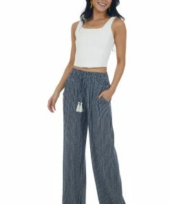 L Love Bottoms Dark Navy Printed High Rise Wide Leg Pants