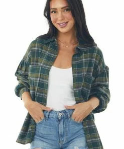ANGIE Tops Dark Pine Plaid Button Up Long Sleeve Top