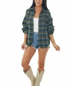 ANGIE Tops Dark Pine Plaid Button Up Long Sleeve Top