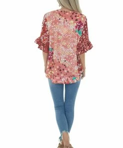Umgee Dark Rust Multiprint Short Sleeve Surplice Top Tops
