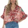 Umgee Dark Rust Multiprint Short Sleeve Surplice Top Tops