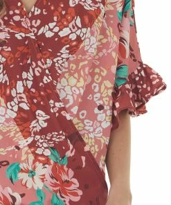 Umgee Dark Rust Multiprint Short Sleeve Surplice Top Tops
