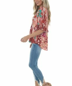 Umgee Dark Rust Multiprint Short Sleeve Surplice Top Tops