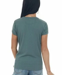 Ces Femme Tops Dark Sage Raw Edge Notch Neck Light Knit Top