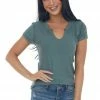 Ces Femme Tops Dark Sage Raw Edge Notch Neck Light Knit Top