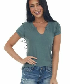 Ces Femme Tops Dark Sage Raw Edge Notch Neck Light Knit Top