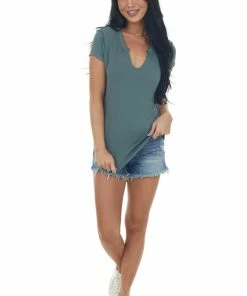 Ces Femme Tops Dark Sage Raw Edge Notch Neck Light Knit Top